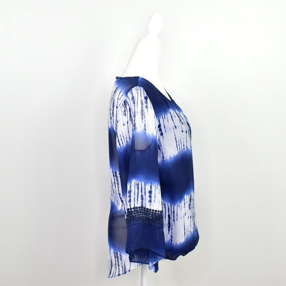 AB Studio Tie Dye Flare 3/4 Sleeve Top Small Navy Sheer Boho High Low Hippie - Picture 11 of 12